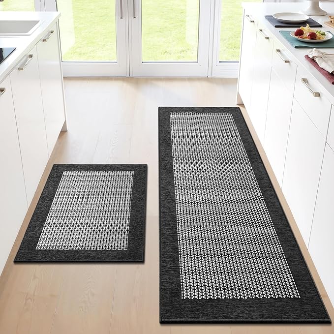 StepRite Kitchen Mats for Floor, Non-Slip Kitchen Rugs Set of 2 PCS, Super Absorbent Washable Kitchen Mats with Rubber Backing, Runner Mats for Front of Sink (20"x32"+20"x60" Black)