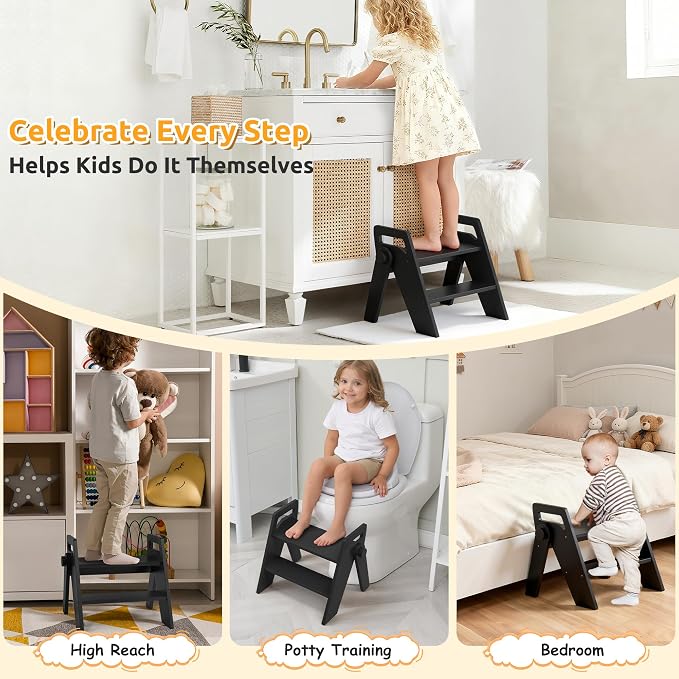 Wooden 2 Step Stool for Toddler Kids Bathroom Foldable 2-Step for Toilet Potty Training, Child Stepping Stool for Kitchen Nursery Bedroom