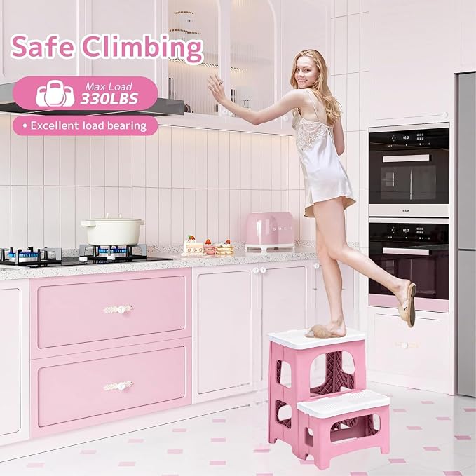 2 Step Stool Foldable, Non-Slip Steps, Folding Step Stool for Adults & Kids, Plastic Stool Pool Ladder, Collapsible Stools 2 Step Ladder for Kitchen Toilet Bedroom Office RV, Holds 330 lbs, Pink