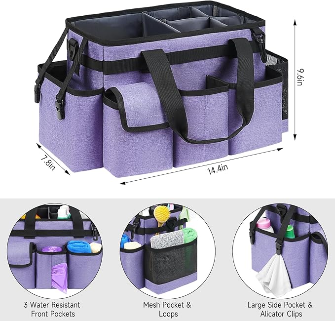 Cleaning Caddy,Cleaning Bag for Housekeepers,Cleaning Supplies Organizer with Handle,Purple