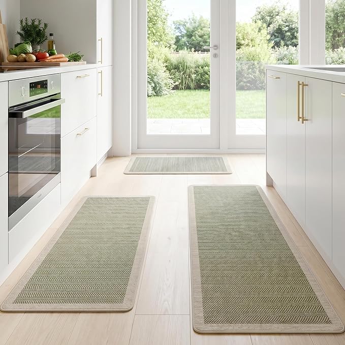 Sage Green Vintage Boho Elegance Kitchen Rug Sets [3 PCs], Anti-Fatigue, Waterproof Non-Slip Kitchen Mats Heavy Duty Comfort Foam Rug for Kitchen, Floor, Laundry,17" Wx29/47/59" L
