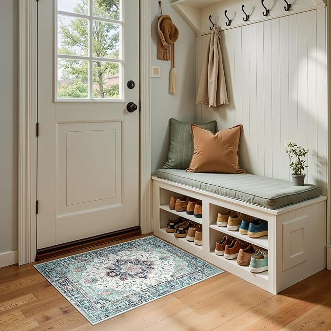 RELEANY Area Rugs Small 2'x3' Washable Non-Slip, Floral Vintage Distress Medallion Carpet for Kitchen Entryway Bathroom, Green Navy Blue White Red Teal