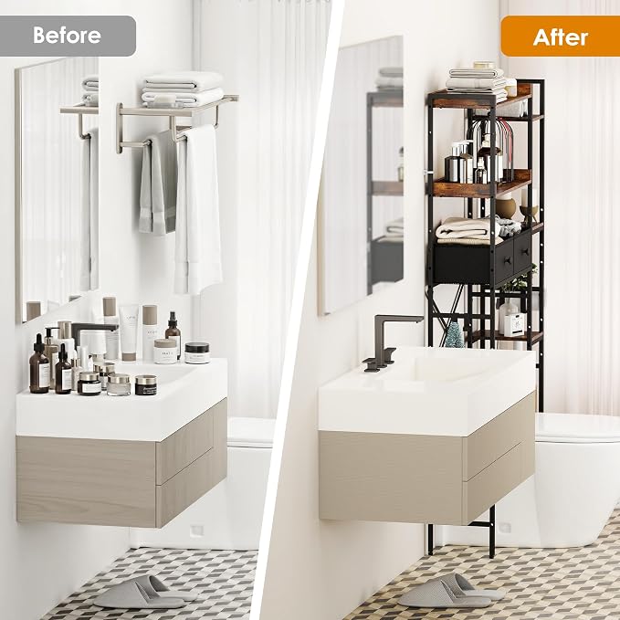Over The Toilet Storage Shelf with Drawers, 7 Tier Above Toilet Bathroom Organizer Rack with Adjustable Shelves, Space Saver Stand Behind Toilet with Paper Holder & Hooks for Laundry, Brown