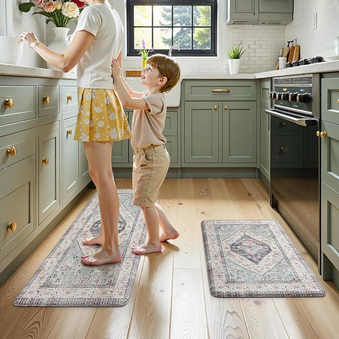 KIMODE Farmhouse Kitchen Mats, Anti Fatigue Kitchen Rugs Sets of 2, Non Slip Paded Kitchen Floor Mats, Blue Boho Laundry Room Rug, Ergonomic Cushioned Comfort Standing Mat for Office, Sink, Desk