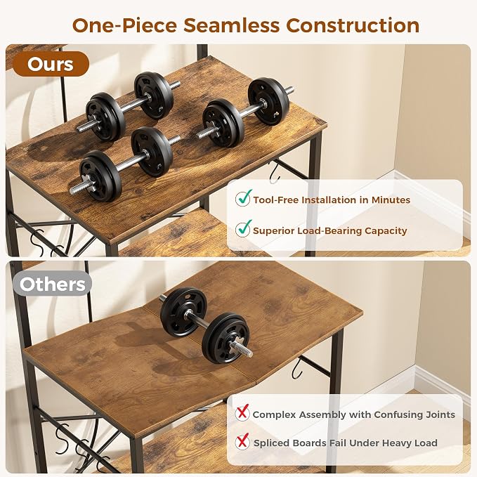 VUSIGN Kitchen Bakers Rack with Power Outlet, 4 Tiers Microwave Stand with Storage, 23.6 Inch Coffee Bar Station with 6 S Hooks, Adjustable Shelf Rack for Pots/Pans/Spices, Rustic Brown