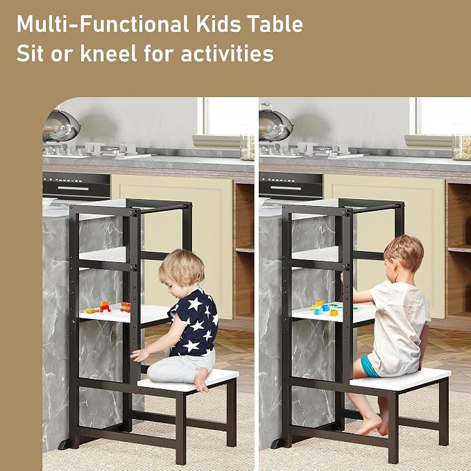 INNOD Kitchen Step Stool for Toddlers, Height Adjustable Toddler Tower with Safety Rail, Steel and Wood Toddler Kitchen Stool Helper Kids, Stool for Kids, Learning Tower, Kids' Desk White