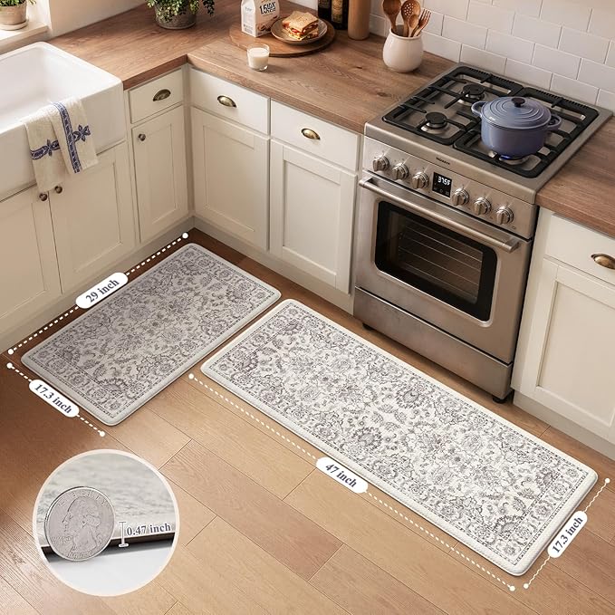 KIMODE Comfort Kitchen Floor Mats Cushioned Anti Fatigue,Boho Vintage Floral Kitchen Rugs Sets of 2,Ergonomic Memory Foam Carpet Non Slip for Sink Laundry Office,Purple Grey 17"x29.5"+17" x47”