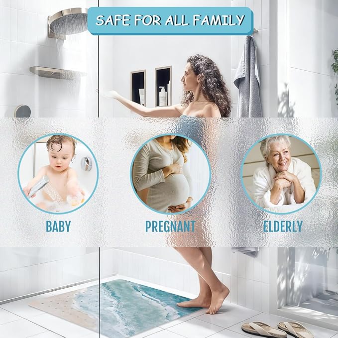 Beach Square Anti Slip Shower Mats for Inside Shower Accessories, Cute Bath Mats for Bathroom Non Slip Shower Floor Mat Sea Decor Rubber Bathmat with Suction and Drain Holes Machine Washable, 21″X21″