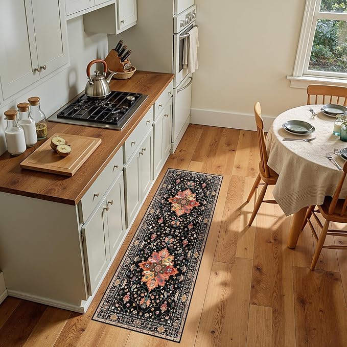 RELEANY Area Rugs Runner 2'x5' Washable Non-Slip, Floral Vintage Distress Medallion Carpet for Kitchen Hallway Bedroom Beside Laundry Room Bathroom, Black Colorful Floral Dark Tan