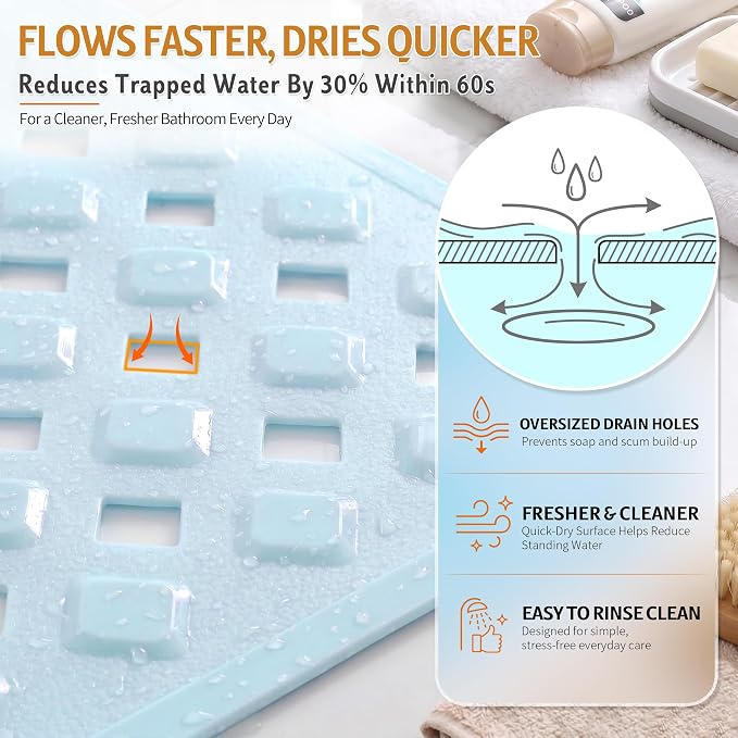 Yimobra Bathtub Mat Non Slip, 35"X16" Shower Mat with Strong Suction Cups & Drain Holes, Long Anti Slip Bath Tub Mat for Inside Shower, Machine Washable Fast Drying, Bathroom Essentials, Light Blue