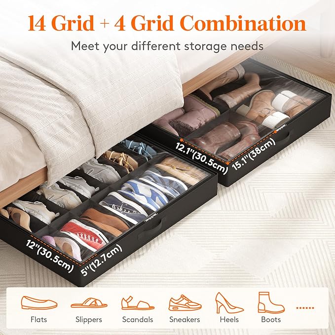 Lifewit Under Bed Shoe Storage Organizer 1 Pack(14 Shoes Cells+4 Boots Cells), 4.3 Inches Profile Fabric Shoes Container Box with Clear Cover, Foldable Storage Bag with 2 Handles, Fits 11 to 18 Pairs