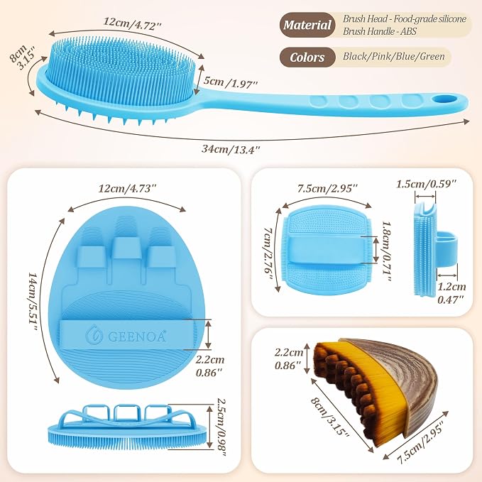 Silicone Back/Body/Face Scrubber & Lymphatic Contour Face Brush Set 4PCS, 13.4'' Soft Back Scrubber, 360° Anti-Slip Bath Glove, Unique Side-bristled Face Scrubber for All-Round Cleaning(Blue)