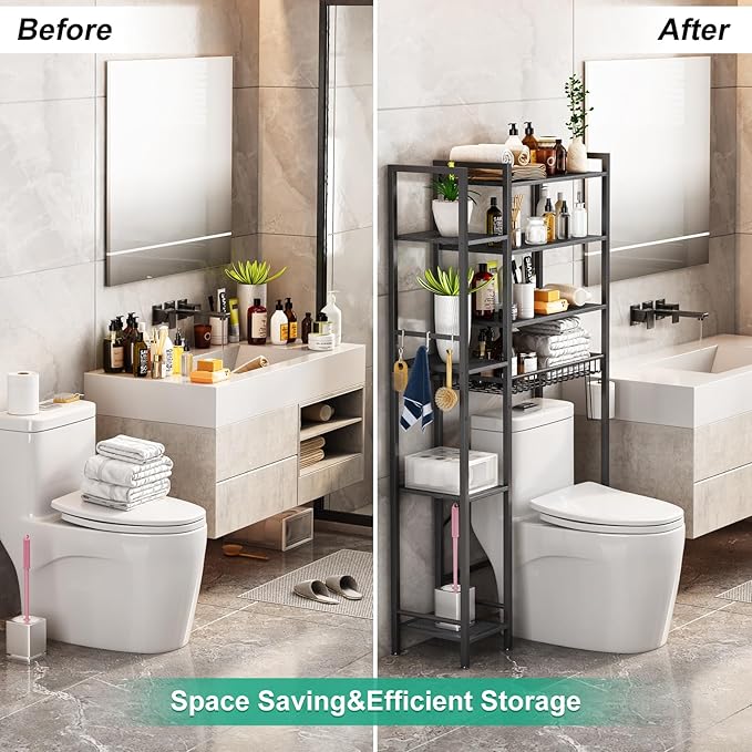 Kalrin 8-Tier Over The Toilet Storage with Side Rack, Over Toilet Storage Rack with Adjustable Shelf & Drain Basket, Freestanding Bathroom Organizer for Balcony, Laundry (Pure Black)