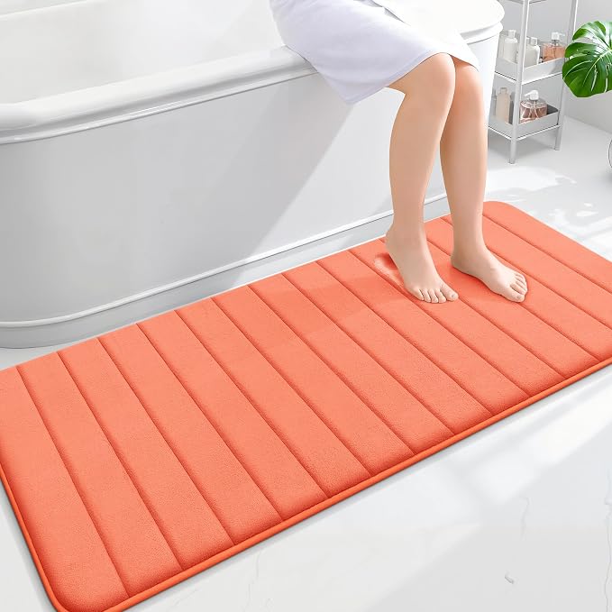 OLANLY Memory Foam Long Bathroom Rugs Runner 59x24, Super Soft Absorbent Bath Mat, Quick Dry, Machine Washable Shower Floor Rugs, Bathmat Carpet, Bathroom Home Decor Accessories, Coral