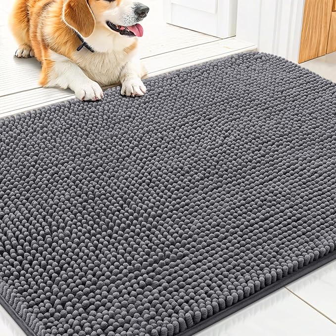 Smiry Dog Door Mat for Muddy Paws 30x20, Absorbent Dirt Trapper, Non-Slip Washable Chenille Entryway Rug for Inside Floor, Dark Grey, Classic Solid