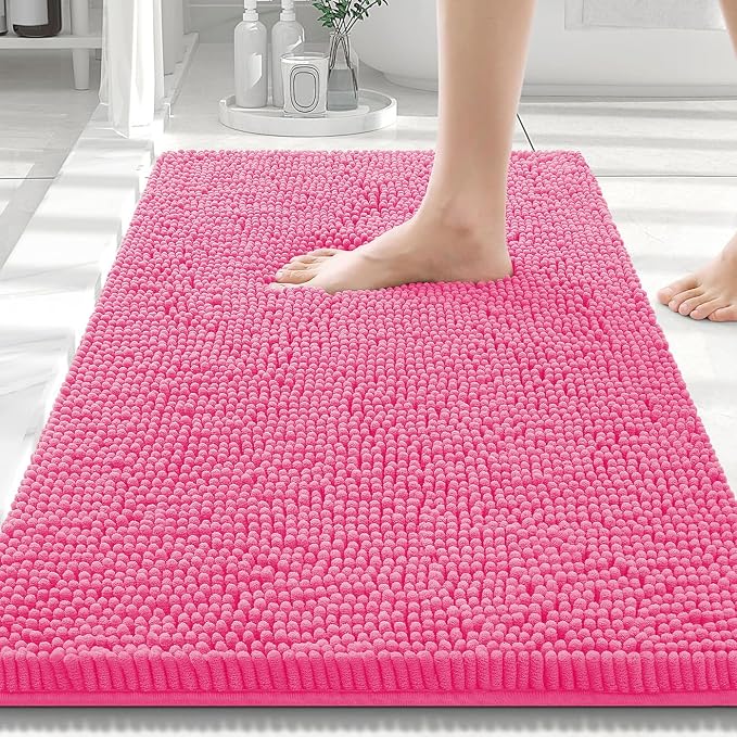 Smiry Luxury Chenille Bathroom Rugs 30x20, Extra Soft and Absorbent Shaggy Bath Mat, Machine Washable, Non-Slip Plush Carpet Runner for Tub, Shower, and Floor, Home Decor Accessories, Hot Pink