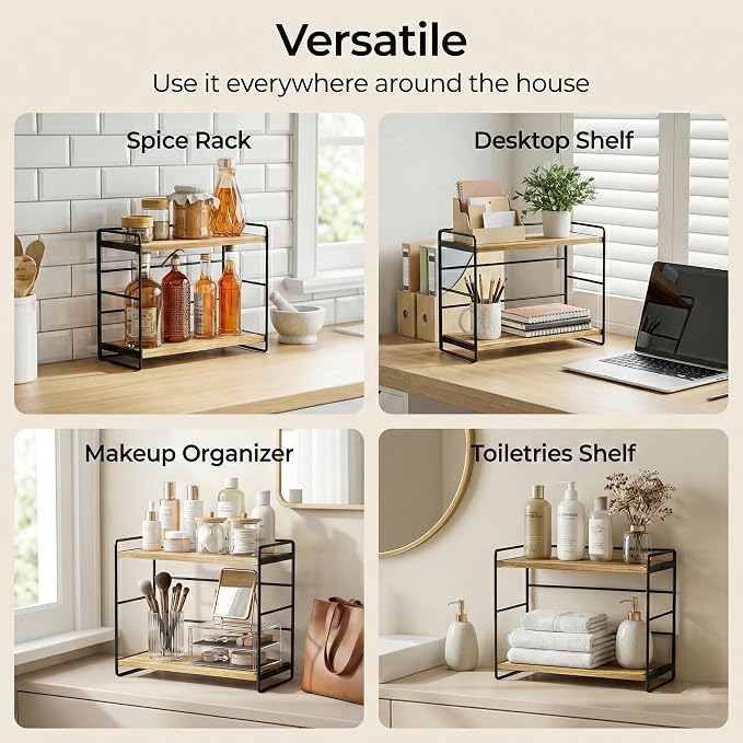 SRIWATANA 2 Pack Bathroom Counter Organizer, 2 Tier Countertop Organizers, Kitchen Counter Shelf Spice Rack Countertop Storage Wood Shelf - Carbonized Black
