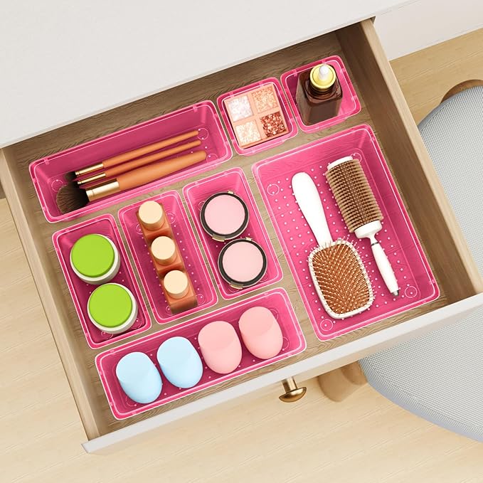 ElegantArray 12 PCS Drawer Organizer Set, 4 Sizes Tool Storage Trays, Clear Plastic Makeup Vanity Organizer and Storage Bins for Stationeries, Multiple Gadgets for Office, Bedroom, Pink