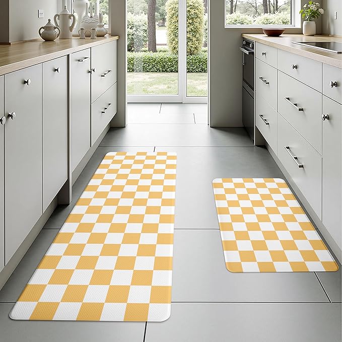 Yellow Checkered Grid Checkerboard Kitchen Rug Sets [2 PCs], Anti-Fatigue, Waterproof Non-Slip Kitchen Mats Heavy Duty Comfort Foam Rug for Kitchen, Floor, Laundry,17"x29"+17"x47"
