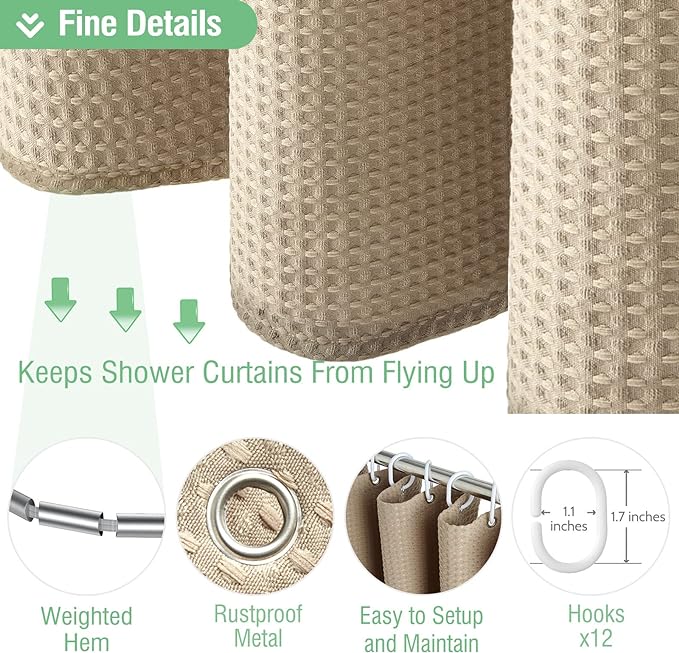 Dynamene Beige Fabric Shower Curtain - Waffle Textured Heavy Duty Cloth Shower Curtains for Bathroom, 256GSM Hotel Spa Luxury Weighted Bath Curtain Set with 12 Plastic Hooks,72x72, Beige/Khaki
