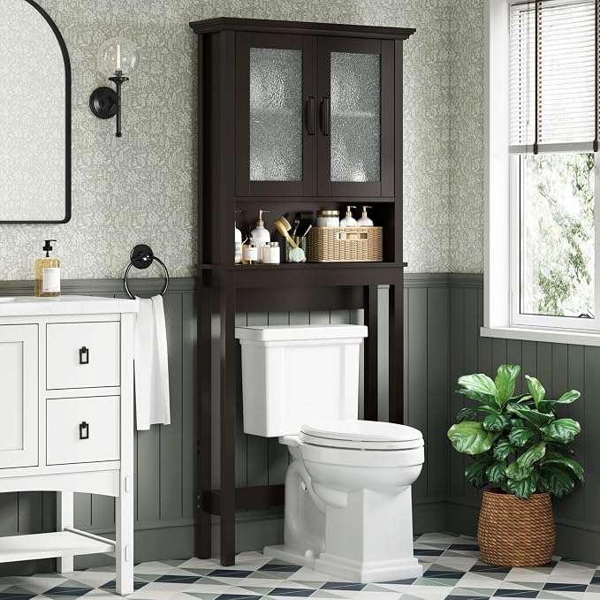 Over The Toilet Storage Cabinet, Over Toilet Bathroom Organizer with Glass Doors and Adjustable Shelf, Thicken Frame Above Toilet Storage Cabinet Behind Toilet Bathroom Organizer, Espresso