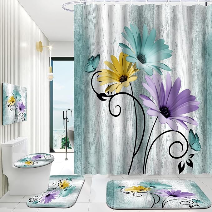Onalasyc 4PCS Blue-Green Daisy Flowers Butterfly Shower Curtain Set with Shower Curtain and Carpet and Accessories, Waterproof Bathroom Shower Curtain Decorative Set with 12 pcs Hooks,71 x 71in