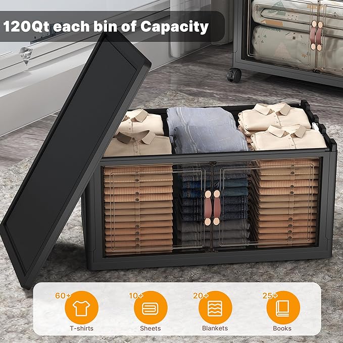 UAMFURI Stackable Storage Bins with Lids, 672QT Closet Organizers and Storage with Doors and Wheels, Extra Large Storage Cabinet, Collapsible Plastic Drawers for Bedroom Office Garage
