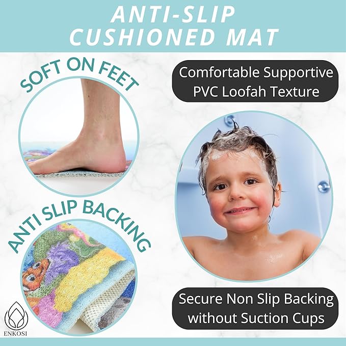 ENKOSI Loofah Non-Slip Shower and Bath Mat - Soft Cushioned Comfort - No Suction Cups for Smooth or Textured Tubs - Fast Draining - Safety for Bathroom, Family, Kids, and Elderly (24x16 Dolphin)