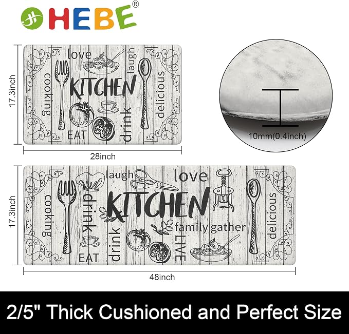 HEBE Kitchen Rugs Set of 2, Cushioned Anti Fatigue Kitchen Mats for Floor, Non Slip Waterproof Comfort Standing Desk Mat Carpet for Sink, Stove, Laundry Room
