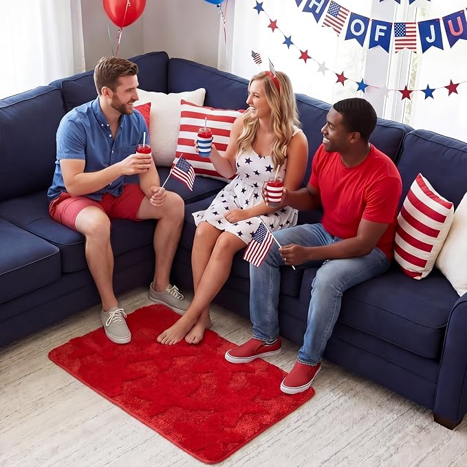 Capoda 1 Pcs Patriotic Bathroom Rug 20 x 30 Inch 4th of July Star Bath Mat Non-Slip Soft Microfiber 4th of July Shower Rug for Independence Day Home Kitchen Bathroom Entrance Decor(Star, Red)