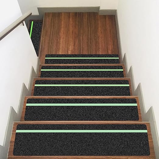 10 Pack 6” x 32” Anti Slip Traction Treads with Glow in The Dark Stripe, Outdoor Waterproof Non Skid Pre-Cut Tape with Roller, High Traction Friction Abrasive Adhesive for Stairs Step
