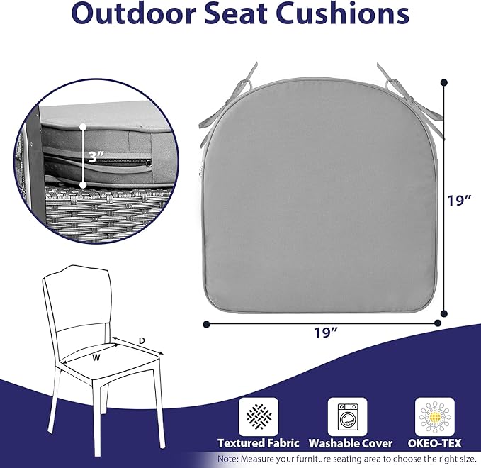 IPYNBAP Outdoor Chair Cushions Set of 4 -Waterproof Outdoor Seat Cushions for Patio Furniture, Patio Chair Cushion with Handle and Ties, Out Door Chair Pads,19x19x3-Round, Grey