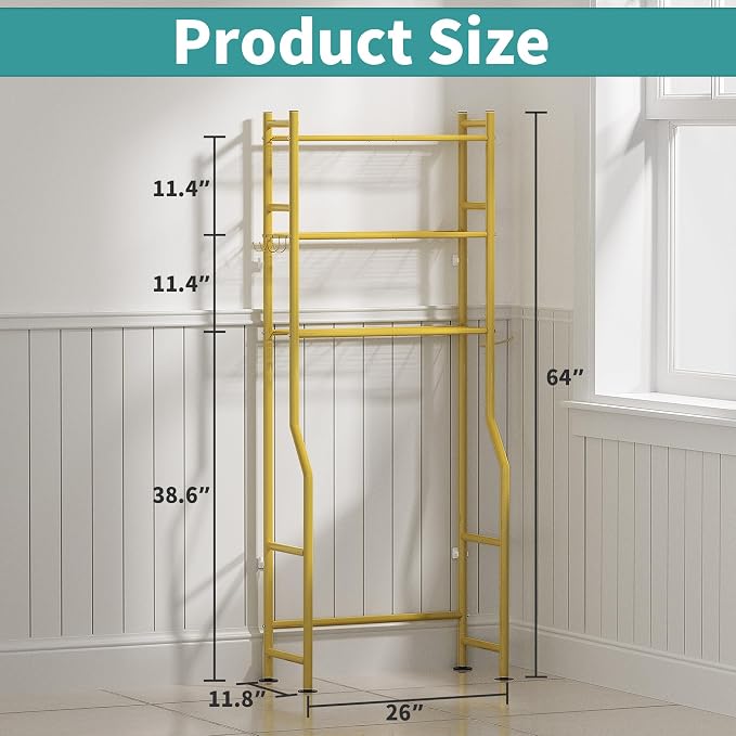 3-Tier Over The Toilet Storage Organizer, Space-Saving Bathroom Rack with Paper Holder & 4 Hooks, 64" Tall Freestanding Carbon Steel Shelf for Small Apartment Laundry Room (Gold)