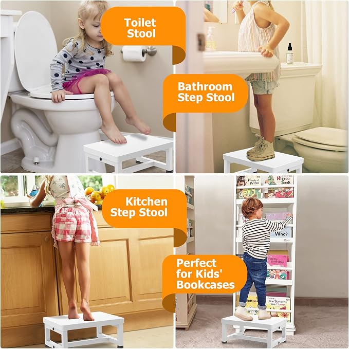 Step Stools for Adults Kids, Heavy Duty Non-Slip Wooden Stepping Stools with 500-LBS Capacity for Bedroom Kitchen Bathroom, Sturdy Bed Steps for High Beds with Rubber Feet, Easy to Assemble, White