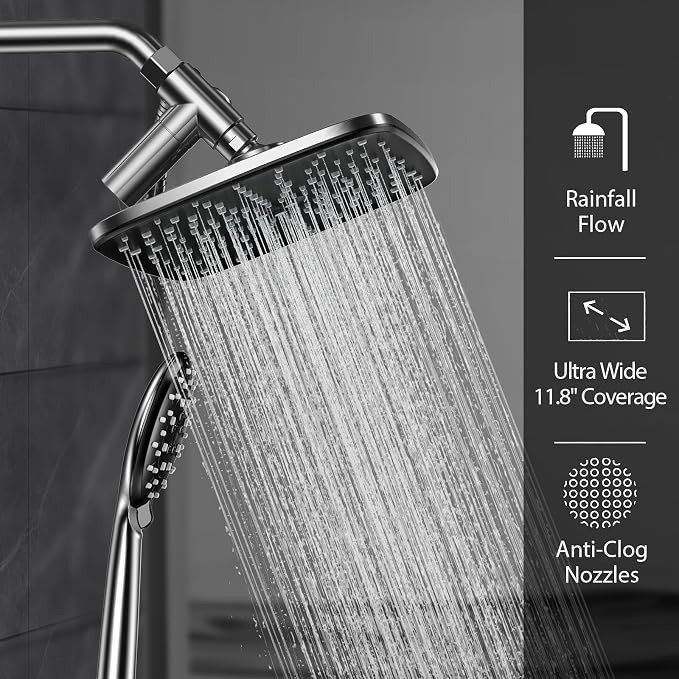 Veken 11.8 Inch Rain Shower Head with Handheld- High Pressure Dual Shower Heads with 5 Modes Hand held Spray Combo- Wide Rainfall Showerhead with Hose, Bathroom Accessories, Chrome