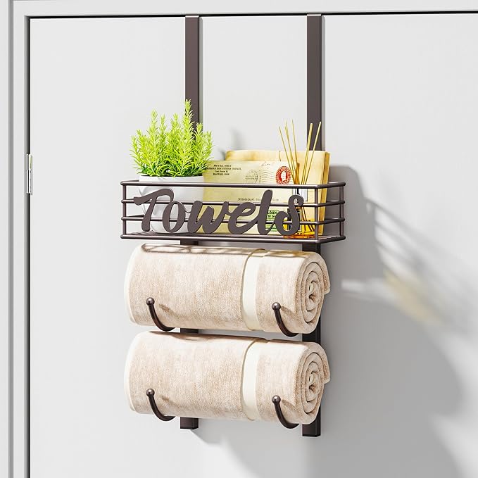 HapiRm Towel Racks for Bathroom Storage - 3 Tier Over The Door & Wall Mount Rolled Towel Storage Organizer Holder with Metal Shelf Basket for Small Bathroom, Camper, Rv - Bronze, Patented