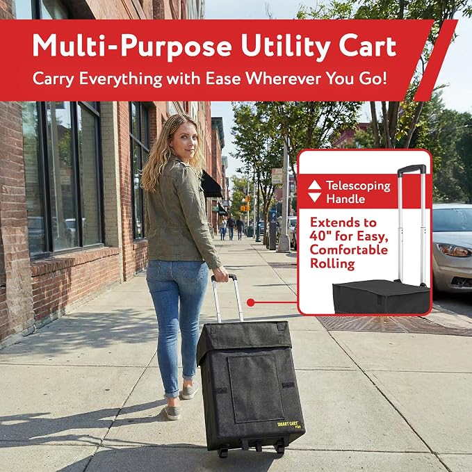 dbest products Bigger Smart Cart Pro with Wheels Lightweight Collapsible Cart, Retractable Pull Handle Multipurpose RollingCart Black