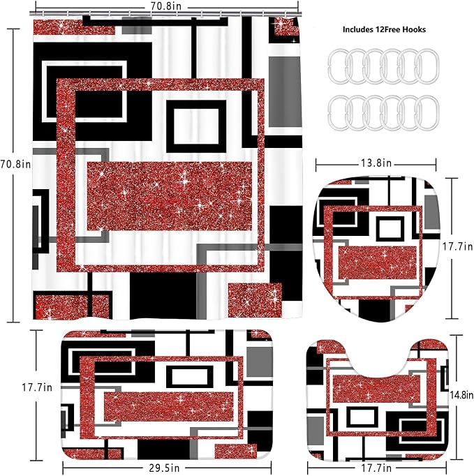 4 Pcs Red Geometric Shower Curtain Sets with Toilet Lid Cover and Non-Slip Rugs, Red Modern Abstract Bathroom Decor Sets with Shower Curtain and Rugs for Bathroom