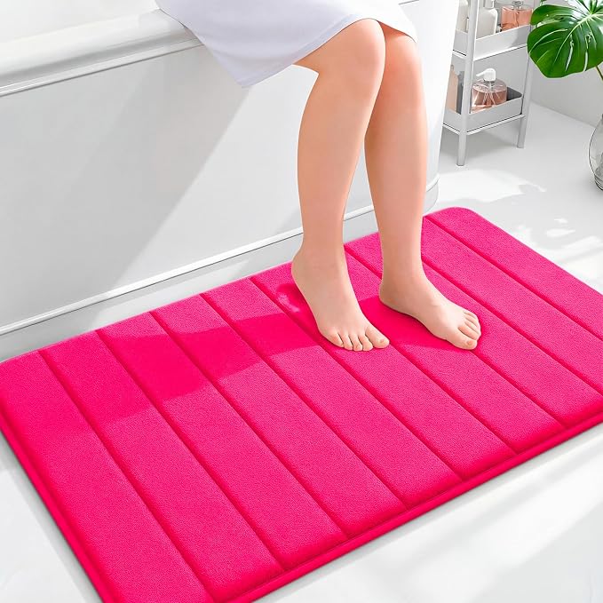 OLANLY Memory Foam Bath Mat 40x24, Super Soft Absorbent Bathroom Rugs, Quick Dry, Machine Washable Shower Floor Rugs, Bathmat Carpet, Bathroom Home Decor Accessories, Hot Pink