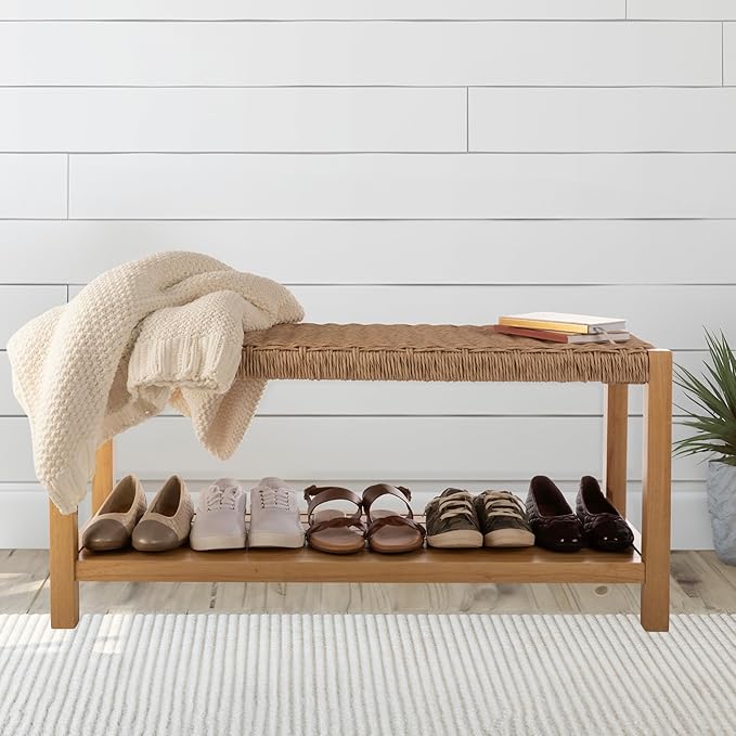 Alaterre Furniture Newport 40 Inch Solid Wood Entryway Bench - Modern Farmhouse Indoor Decorative Bench with Handcrafted Woven Rope Seat - Furniture for Entryway, Dining Room, or Kitchen (Light)