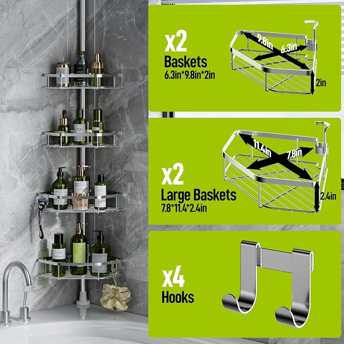 LAMU Shower Caddy Corner Tension Pole, Stainless Steel Shower Organizer, Strong Spring, 5 Adhesive Pads, 2.4 in Non-Slip Grid Base, Adjustable 4-Tier Basket, 4 Hooks, Fits Heights 37.8-124 in, Silver