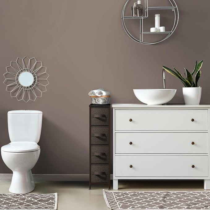 Sorbus Narrow Dresser with 4 Drawers - Vertical Slim Storage Chest of Drawers with Steel Frame, Wood Top & Easy Pull Fabric Bins for Small Spaces, Closets, Bedroom, Bathroom & Laundry (Brown)
