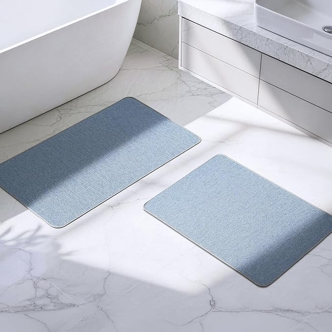 HOMTEB Bathroom Rugs Sets 2 Piece, Thin Bath Mat Absorbent Quick Dry, Machine Washable, Rubber Backing for Non Slip, Low Pile Cozy Cloth Bathroom Rug Set for Tub/Sink/Shower (27"x17" & 30"x20", Blue)