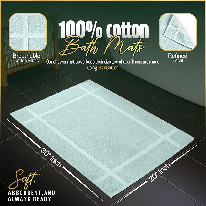 Pearl Linens Pack of 2 100% Cotton Bath Mat 20x30 inches, Soft & Absorbent Quick Dry Bathroom Mat Set, Not Bathroom Rugs, After Shower Mat, Bath Tub Mat, 687 GSM, Machine Washable, Mint Green