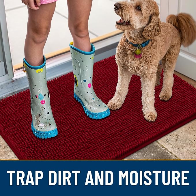 Smiry Dog Door Mat for Muddy Paws 70x35, Absorbent Dirt Trapper, Non-Slip Washable Chenille Entryway Rug for Inside Floor, Burgundy, Classic Solid