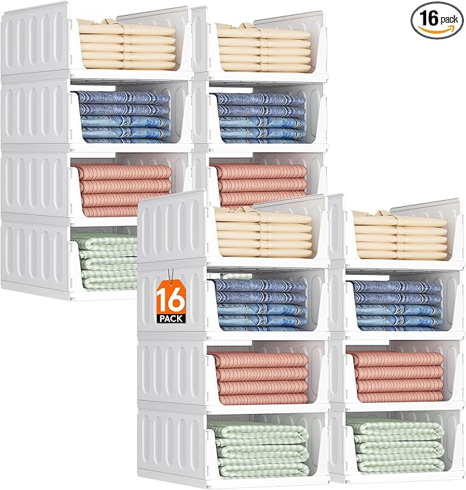 Lifewit 16 Pack Stackable Closet Organizers and Storage Basket for Clothes, Plastic Sweater Storage Bins for Wardrobe, Multifunctional Pants Organizer for RV, Pantry, Kitchen, Dorm, 16.5" Depth