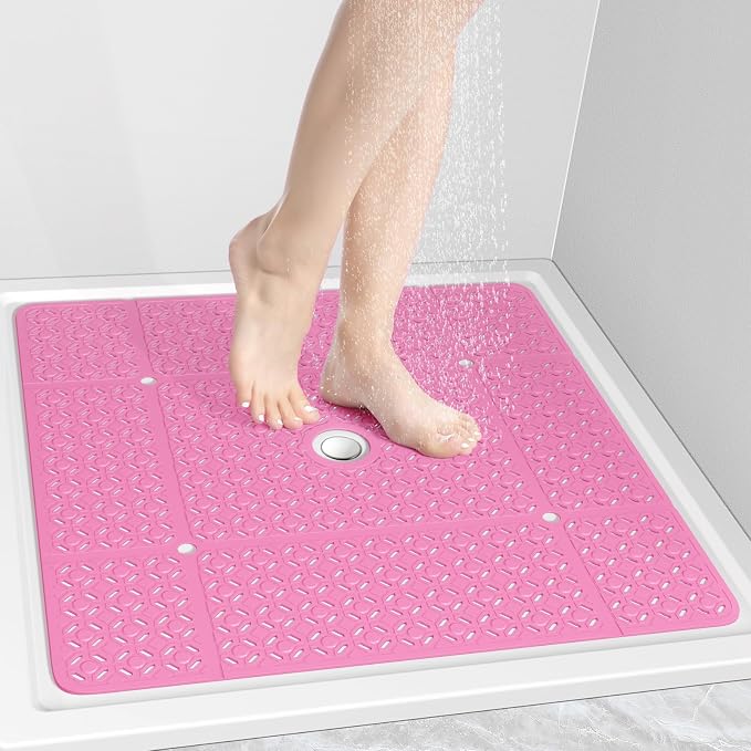 OTHWAY Square Shower Mat, 27"x 27" Extra Large Shower Mats for Inside Shower, TPE Anti Slip Shower mat with Suction Cups Drain Holes, Machine Washable Shower Floor Mat (Pink)