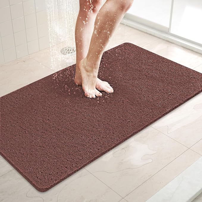 LuxStep Shower Mat Bathtub Mat,32x16 inch, Non-Slip Bath Mat with Drain, Quick Drying PVC Loofah Bathmat for Tub,Shower,Bathroom,Reddish Brown