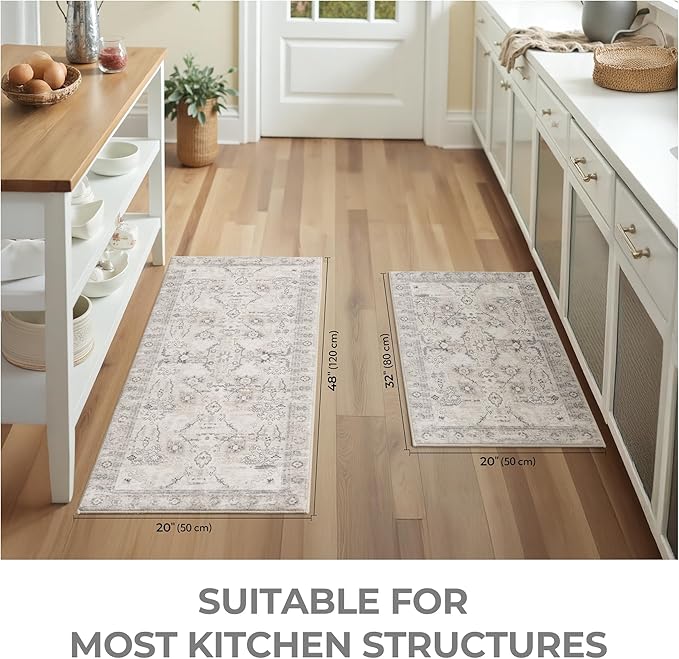 GRANNY SAYS Boho Kitchen Rug Sets of 2, Non Slip Washable Faux Wool Kitchen Mats for Floor, Thick Soft Anti-Fatigue Comfort Standing Mat Runner Rugs for Hallway Laundry Room, Beige