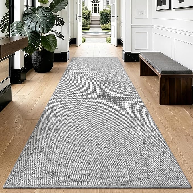LUMI Ultra Thin Runner Rug for Hallway 2.7'x8', Non-Slip Entryway Rug with Rubber Backing, Unique Herringbone Design for Hallway, Entry, Kitchen, Patio, Gray